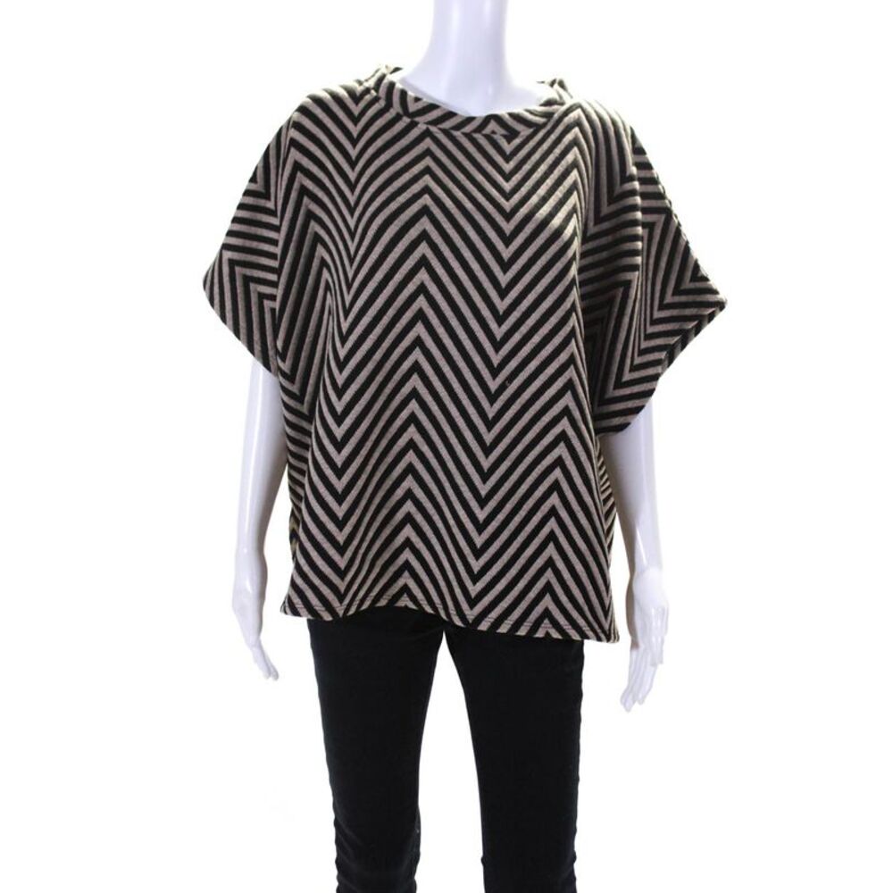 Suzy D Womens High Neck Chevron Stripe Dolman Sleeve Sweater Black Beige Medium